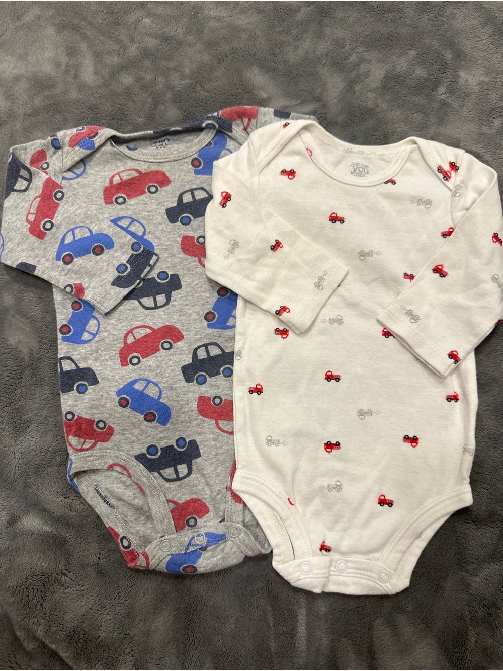 Carter's Gray and White Long-Sleeve Car Print One-Piece Bodysuits